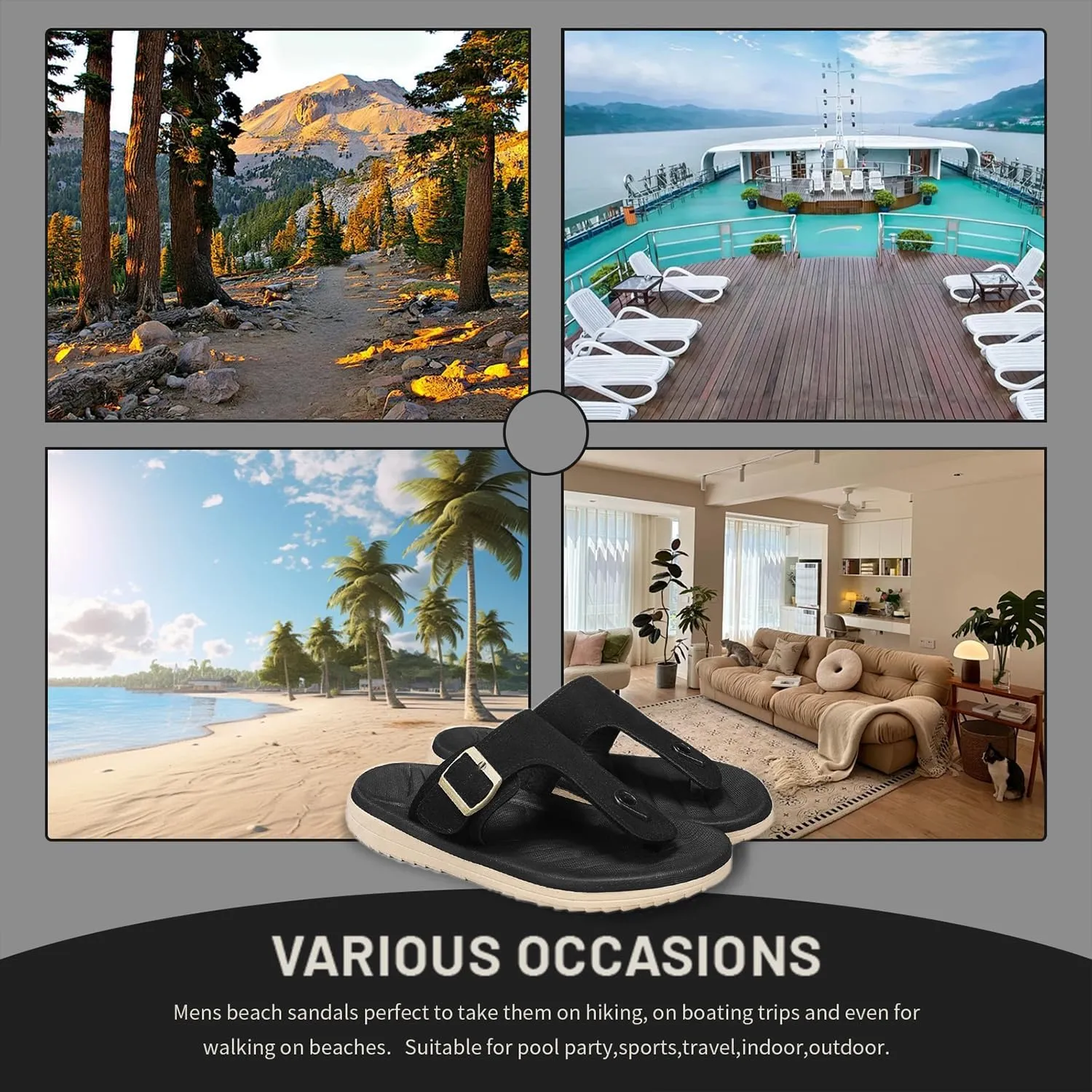 Mens Thong Sandals Adjustable Buckles Open Toe Summer Beach Flip Flops for Men, Soft Cushion Arch Support