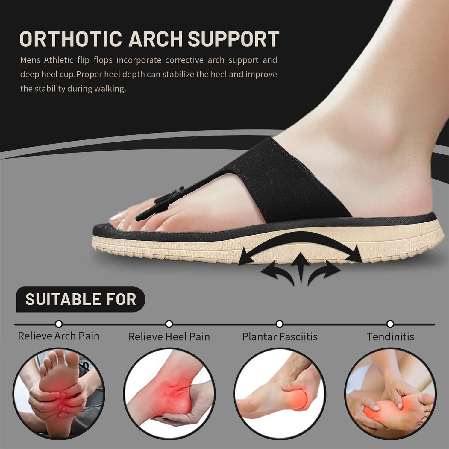 Mens Thong Sandals Adjustable Buckles Open Toe Summer Beach Flip Flops for Men, Soft Cushion Arch Support