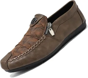 Men's Vintage Leather Zipper Loafers Slip On Comfortable Soft Sole Moccasin Boat Shoes Stylish Casual Driving Walking Shoes