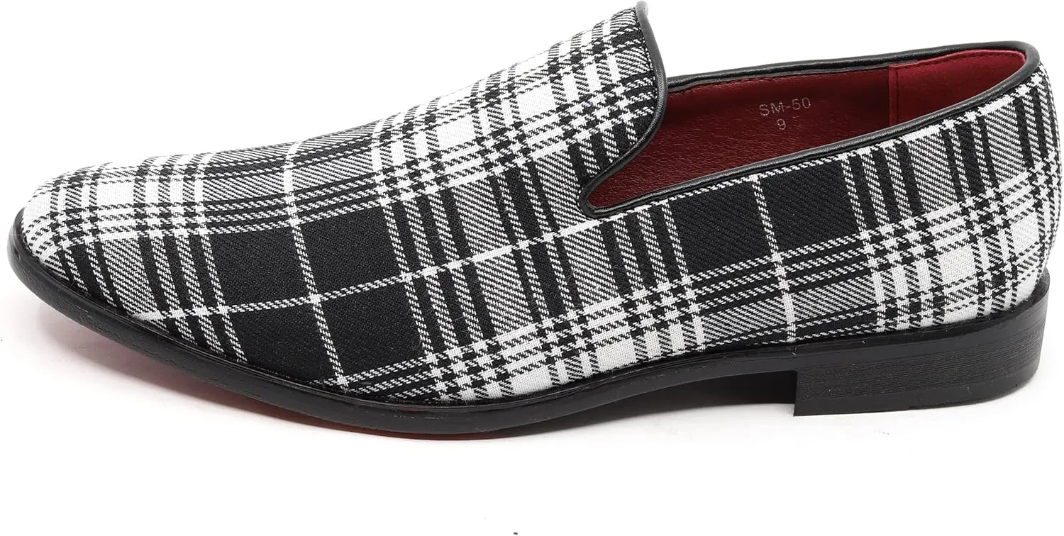 Men's Vintage Plaid Fashion Smoking Slipper Dress Tuxedo Loafers Slip On Shoes SM-50