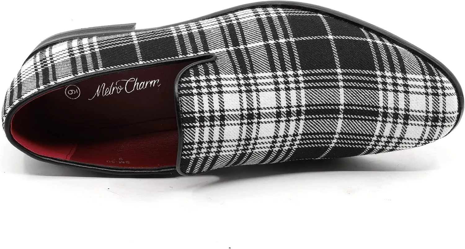 Men's Vintage Plaid Fashion Smoking Slipper Dress Tuxedo Loafers Slip On Shoes SM-50