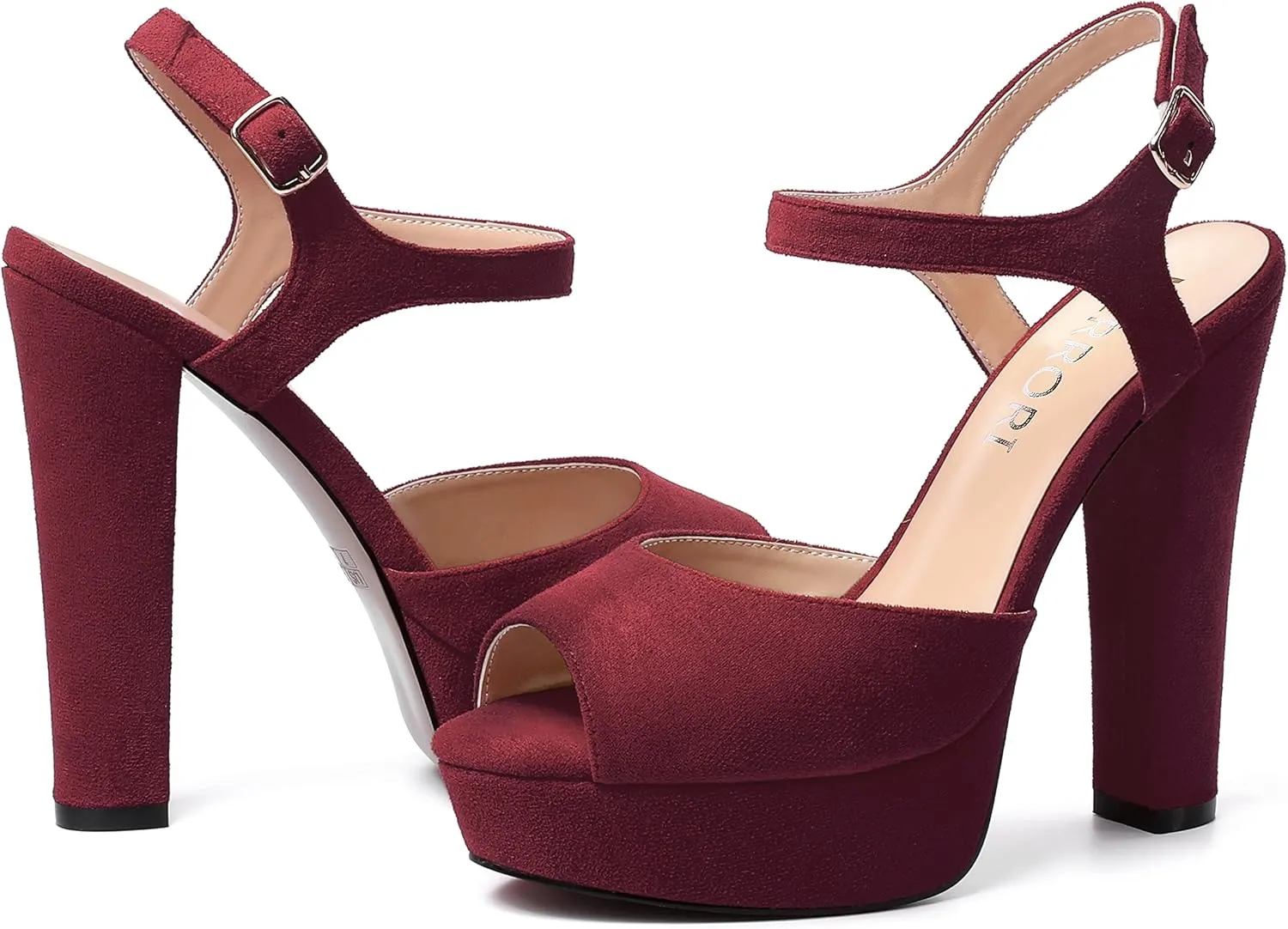 MERRORI Womens Ankle Strap Platform Fashion Party Solid Peep Toe Buckle Matte Chunky High Heel Sandals 5 Inch