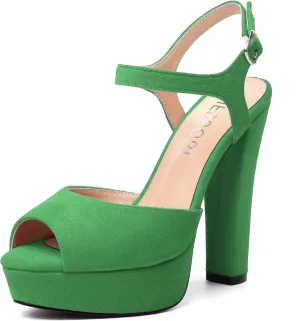 MERRORI Womens Ankle Strap Platform Fashion Party Solid Peep Toe Buckle Matte Chunky High Heel Sandals 5 Inch