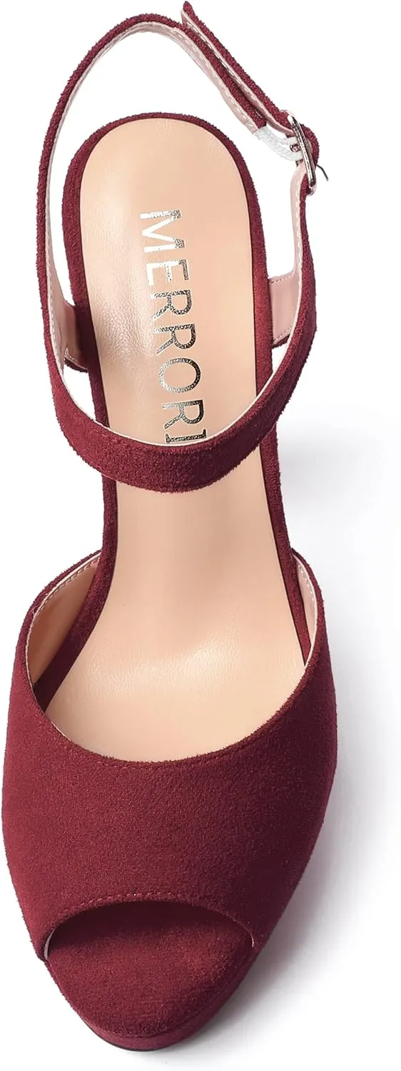 MERRORI Womens Ankle Strap Platform Fashion Party Solid Peep Toe Buckle Matte Chunky High Heel Sandals 5 Inch