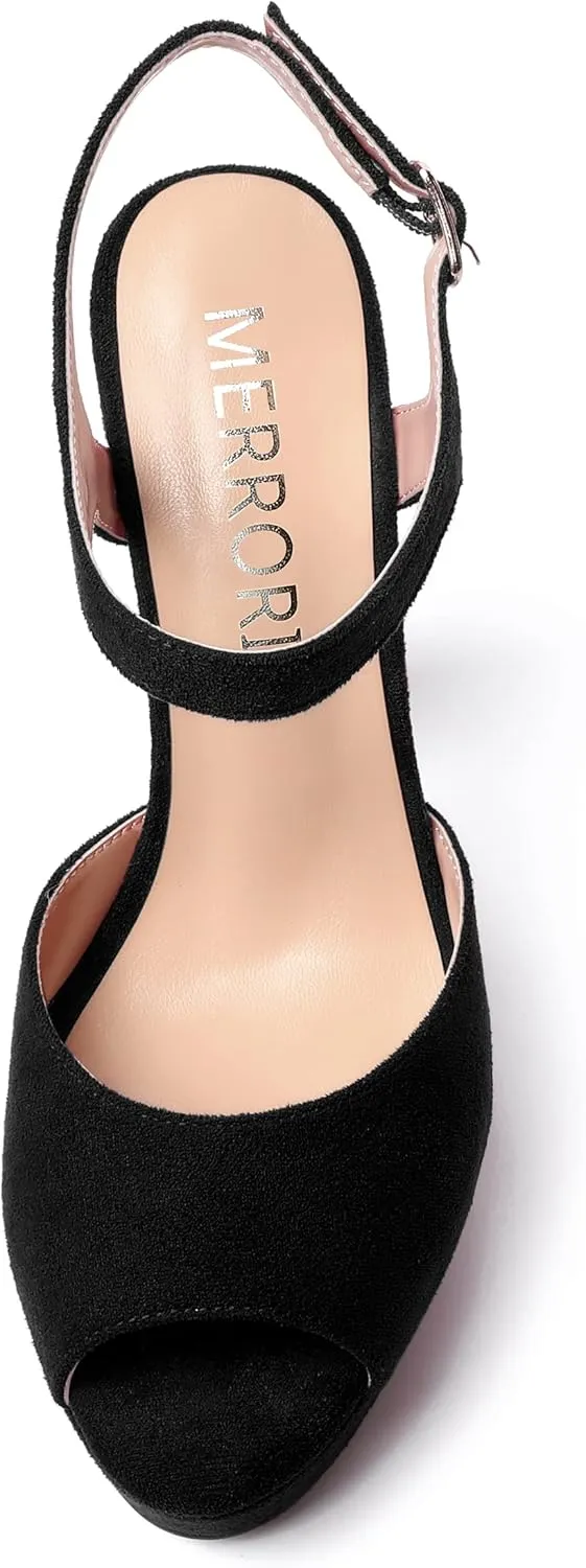 MERRORI Womens Ankle Strap Platform Fashion Party Solid Peep Toe Buckle Matte Chunky High Heel Sandals 5 Inch