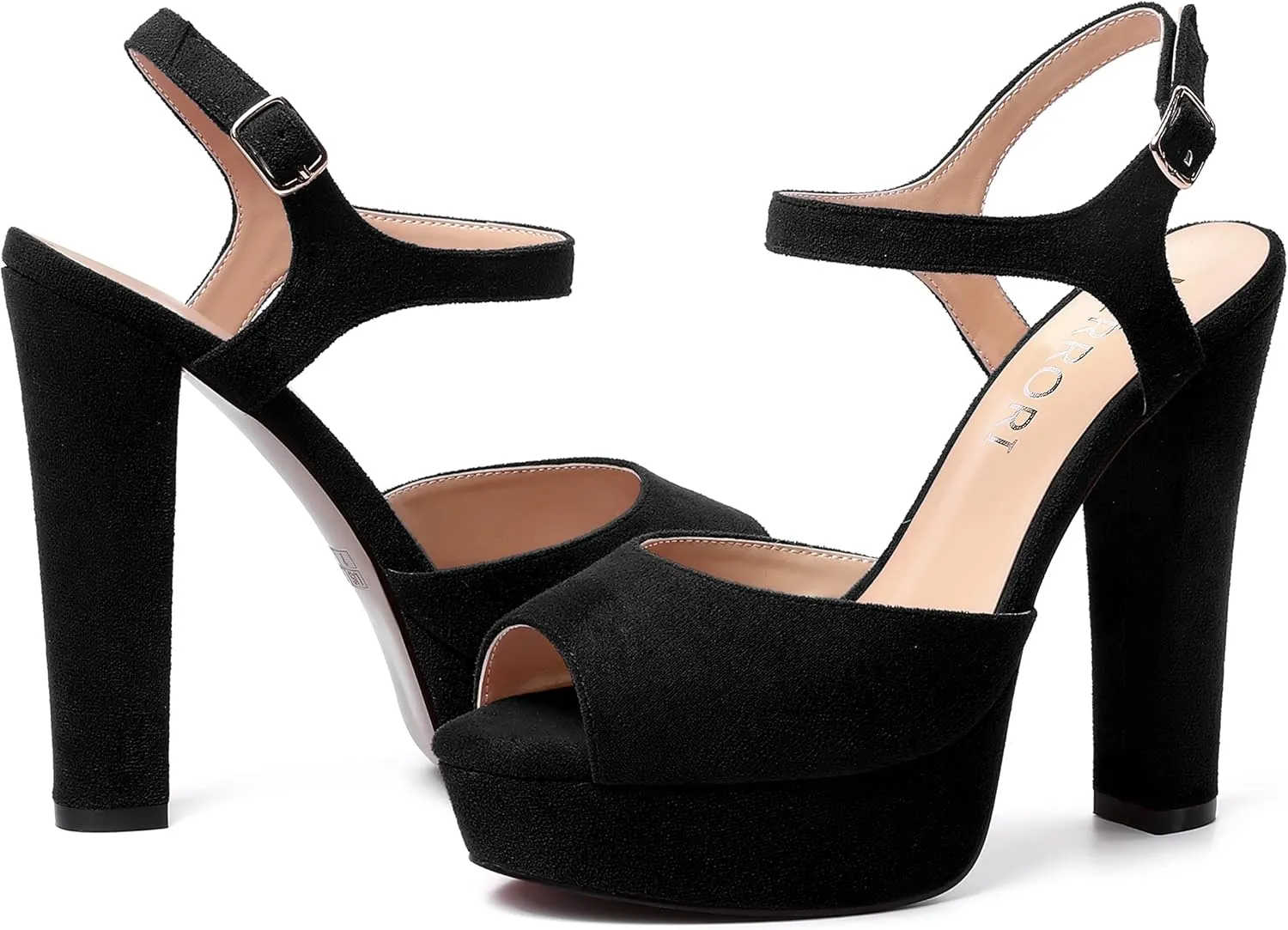 MERRORI Womens Ankle Strap Platform Fashion Party Solid Peep Toe Buckle Matte Chunky High Heel Sandals 5 Inch
