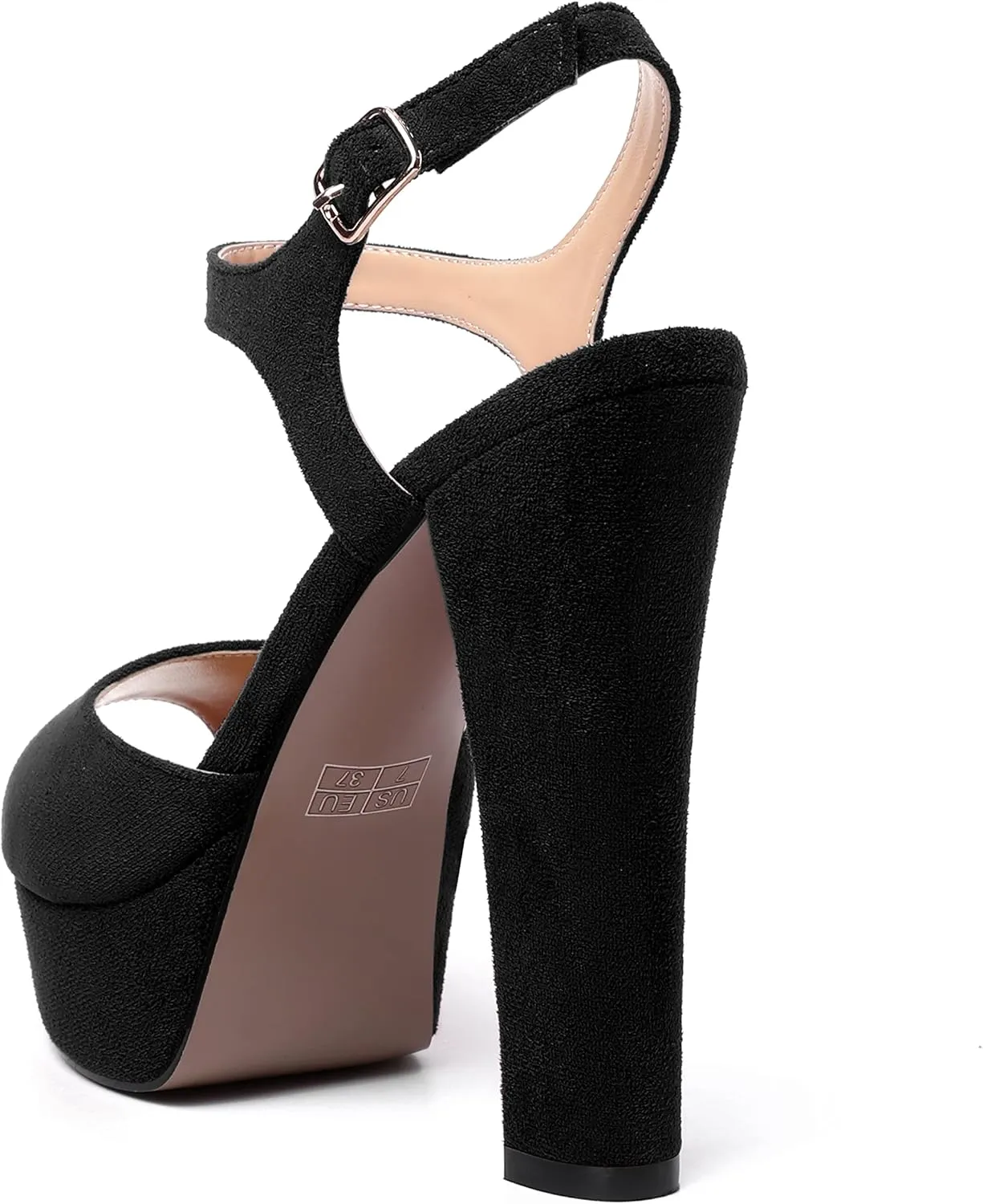MERRORI Womens Ankle Strap Platform Fashion Party Solid Peep Toe Buckle Matte Chunky High Heel Sandals 5 Inch