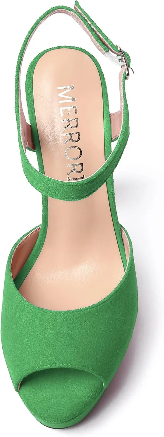 MERRORI Womens Ankle Strap Platform Fashion Party Solid Peep Toe Buckle Matte Chunky High Heel Sandals 5 Inch