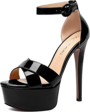 MERRORI Womens Party Open Toe Sexy Ankle Strap Buckle Patent Stiletto High Heel Sandals 6 Inch