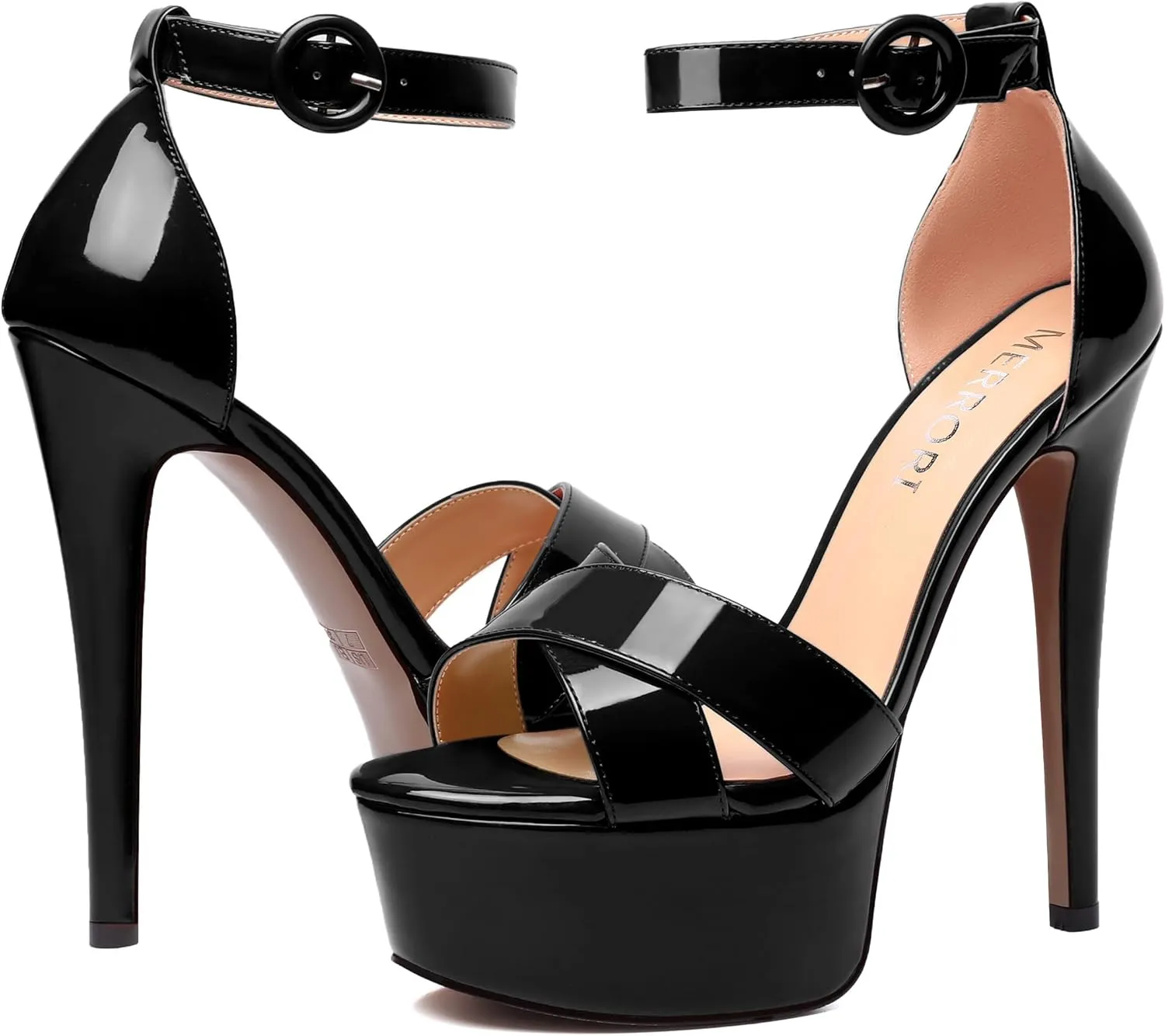 MERRORI Womens Party Open Toe Sexy Ankle Strap Buckle Patent Stiletto High Heel Sandals 6 Inch