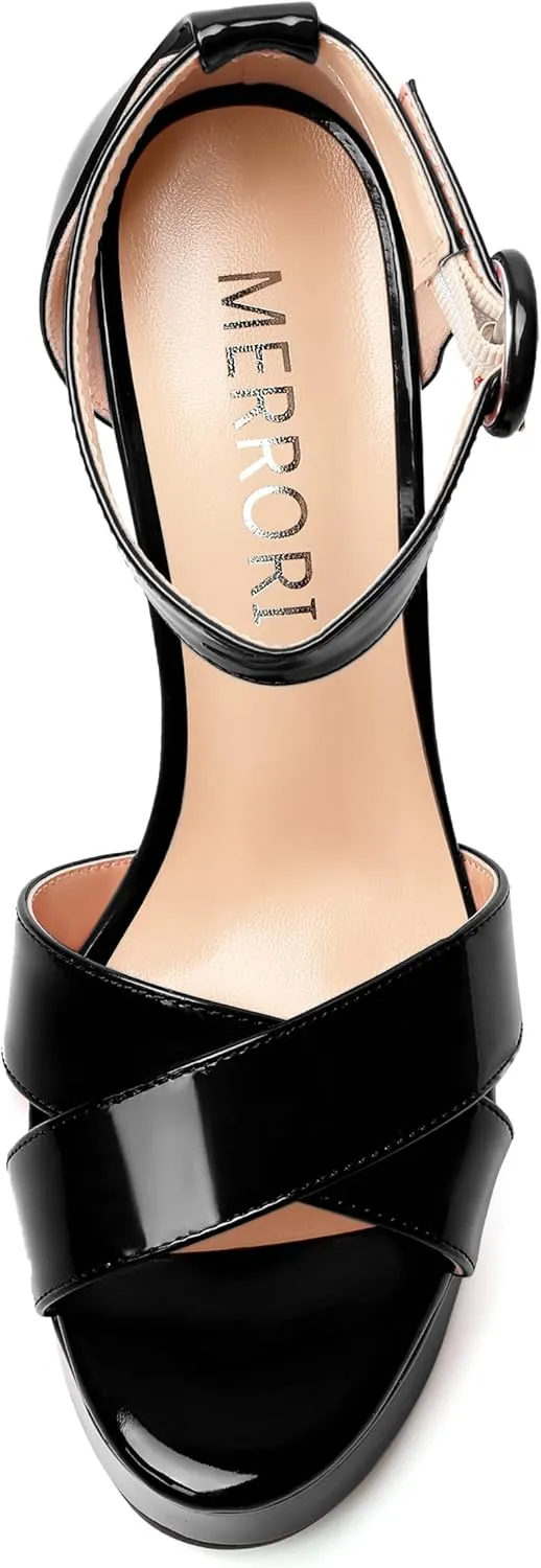 MERRORI Womens Party Open Toe Sexy Ankle Strap Buckle Patent Stiletto High Heel Sandals 6 Inch