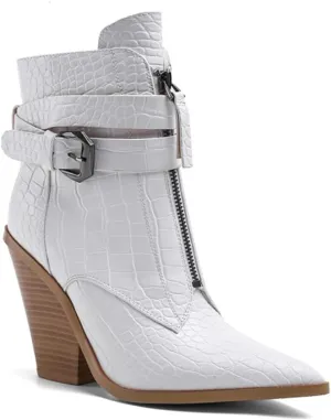 MOOMMO Women Chunky Heel Western Booties Pointed Toe Buckle Strap Crocodile Pattern Front Zipper Ankle Boots Cowboy 4 Inch High Stacked Heel Animal Print Wild Cool Party Club Winter 5-11 M US
