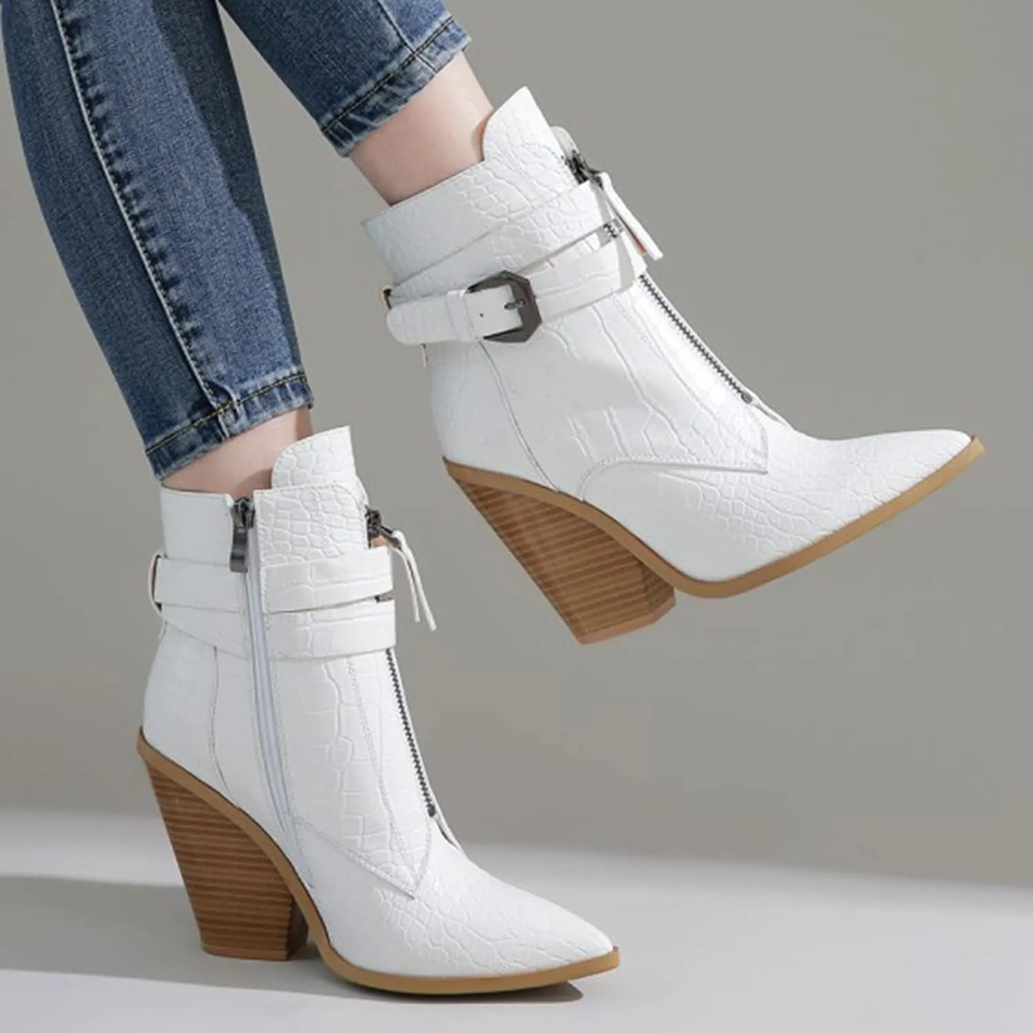 MOOMMO Women Chunky Heel Western Booties Pointed Toe Buckle Strap Crocodile Pattern Front Zipper Ankle Boots Cowboy 4 Inch High Stacked Heel Animal Print Wild Cool Party Club Winter 5-11 M US