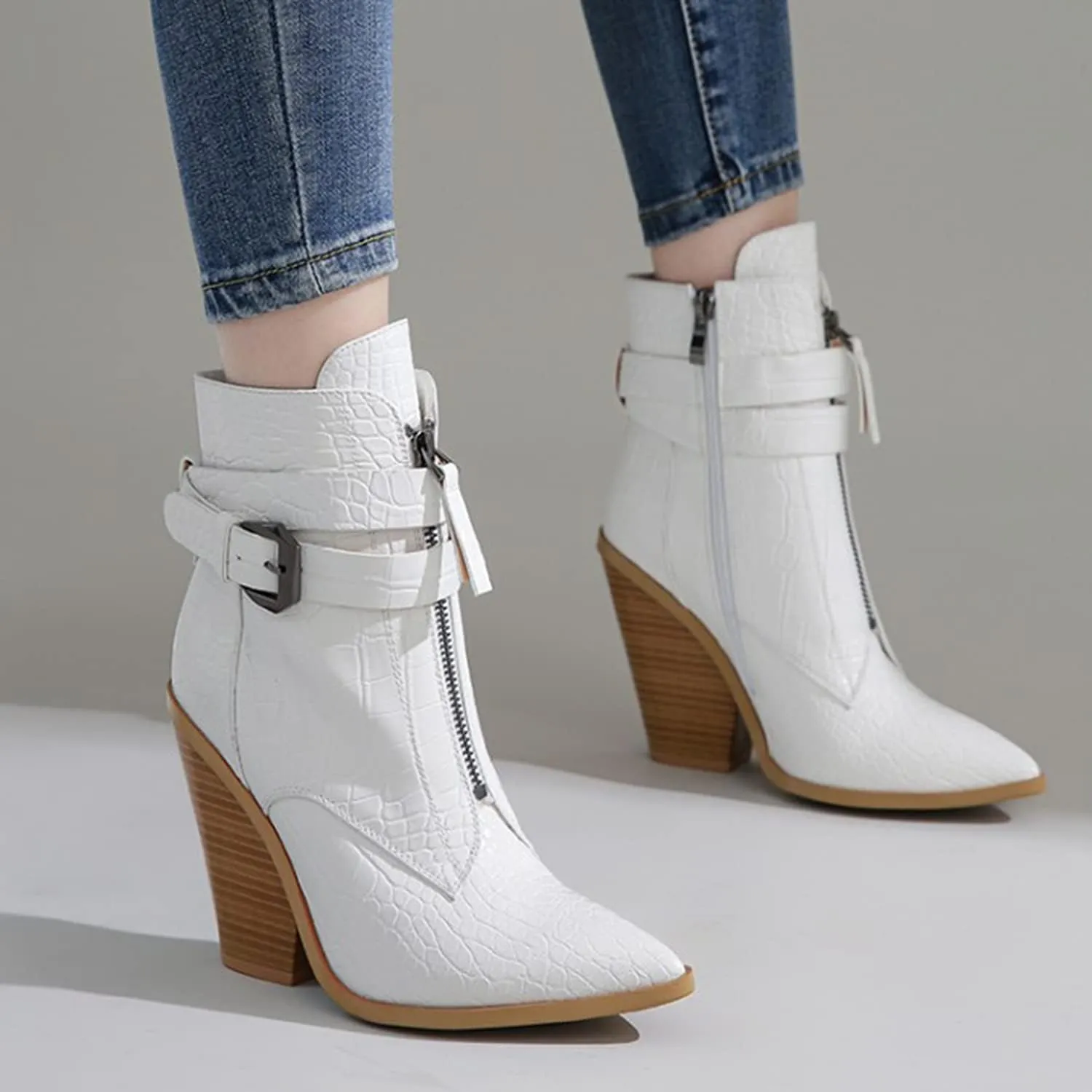 MOOMMO Women Chunky Heel Western Booties Pointed Toe Buckle Strap Crocodile Pattern Front Zipper Ankle Boots Cowboy 4 Inch High Stacked Heel Animal Print Wild Cool Party Club Winter 5-11 M US