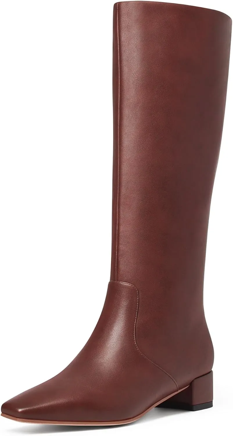 MUCCCUTE Knee High Boots - Boots for Women Square Toe Chunky Heels Tall Boots Pull-On PU Low Block Heel Long Boot