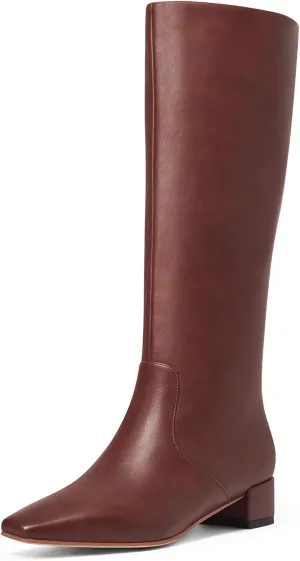 MUCCCUTE Knee High Boots - Boots for Women Square Toe Chunky Heels Tall Boots Pull-On PU Low Block Heel Long Boot