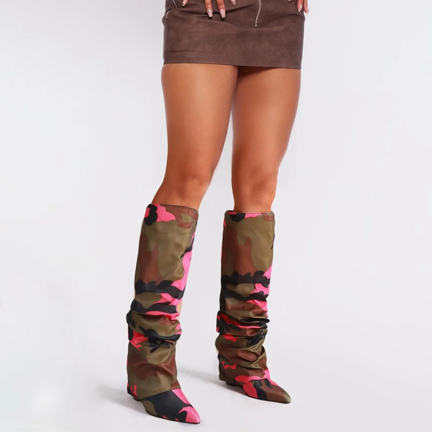 Oiamenne Women's Fold Over Boots Slouch Knee High Boots for Women Wedge Heel Pointed Toe Tall Boot, Wide Calf, Pull-on