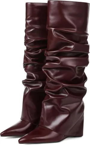 Oiamenne Women's Fold Over Boots Slouch Knee High Boots for Women Wedge Heel Pointed Toe Tall Boot, Wide Calf, Pull-on