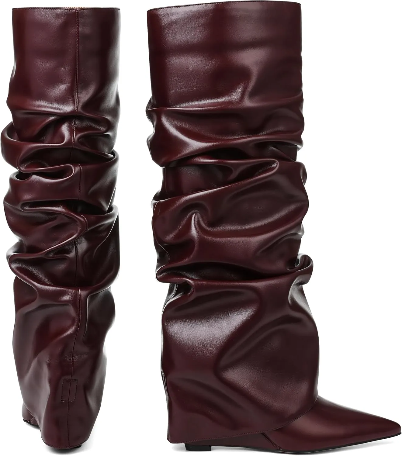 Oiamenne Women's Fold Over Boots Slouch Knee High Boots for Women Wedge Heel Pointed Toe Tall Boot, Wide Calf, Pull-on