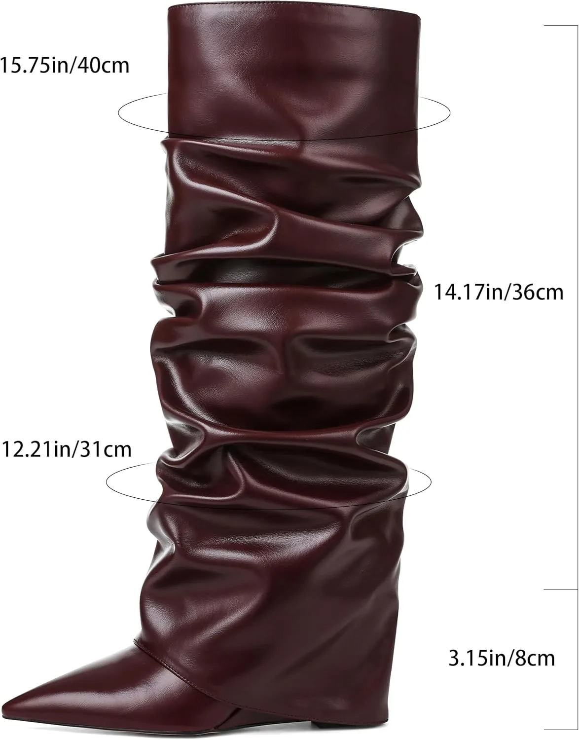 Oiamenne Women's Fold Over Boots Slouch Knee High Boots for Women Wedge Heel Pointed Toe Tall Boot, Wide Calf, Pull-on