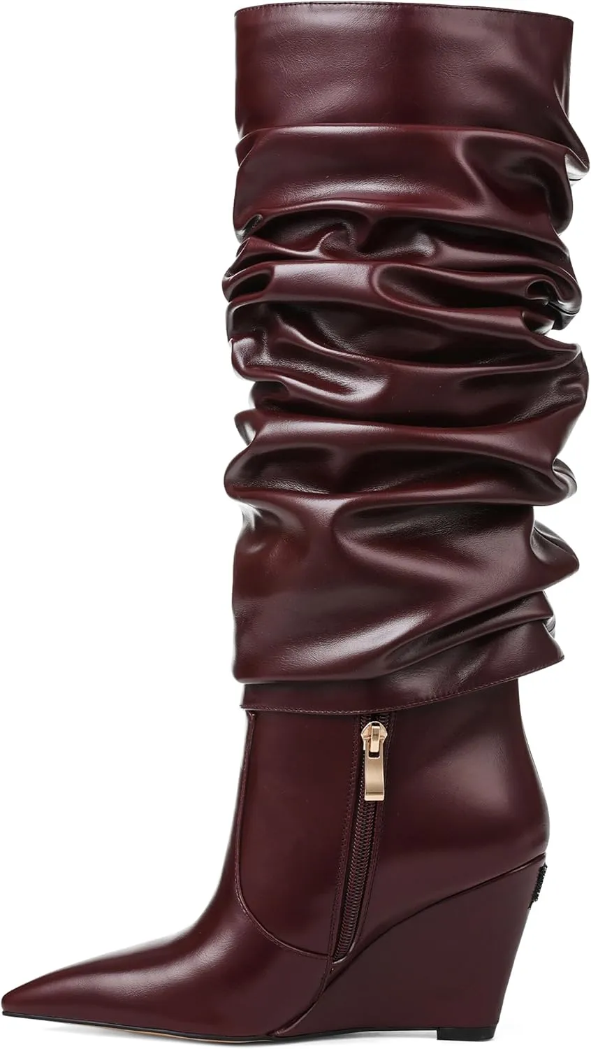Oiamenne Women's Fold Over Boots Slouch Knee High Boots for Women Wedge Heel Pointed Toe Tall Boot, Wide Calf, Pull-on