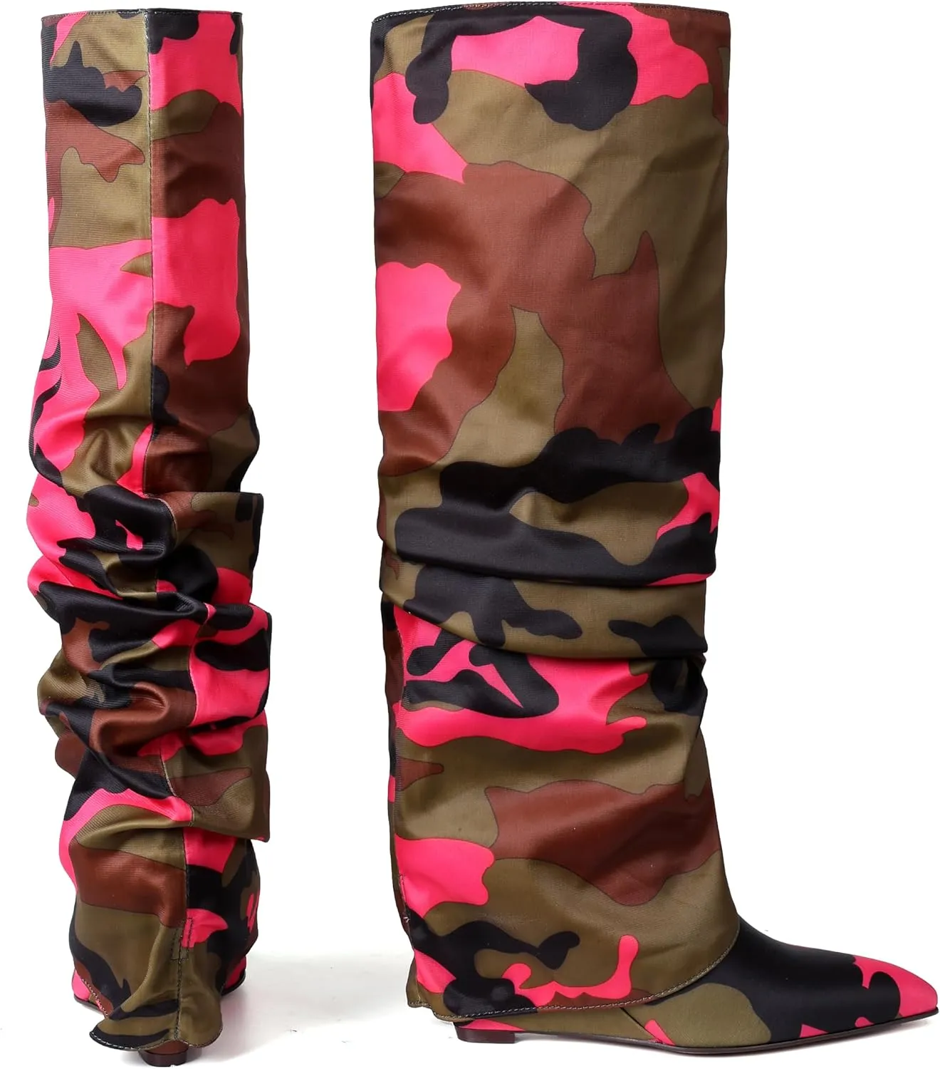 Oiamenne Women's Fold Over Boots Slouch Knee High Boots for Women Wedge Heel Pointed Toe Tall Boot, Wide Calf, Pull-on