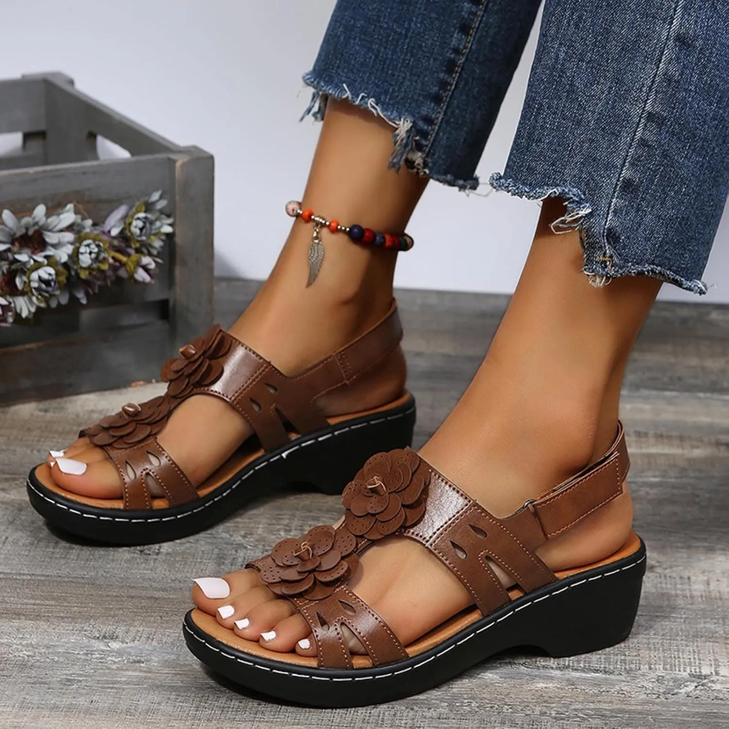 oiangi Summer Wedges for Women Casual Round Toe Fish Mouth Open Toe Flower Hollow Hook and Loop Platform Sandals Lightweight Comfy Outdoor Ladies Shoes
