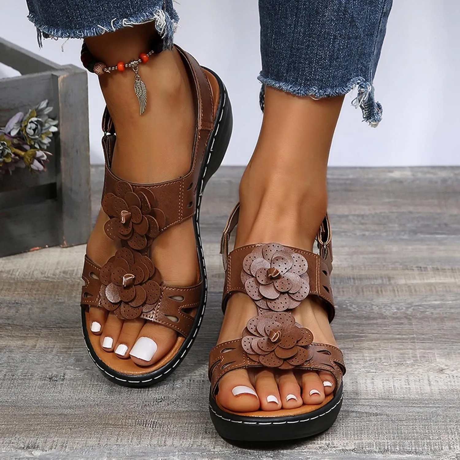 oiangi Summer Wedges for Women Casual Round Toe Fish Mouth Open Toe Flower Hollow Hook and Loop Platform Sandals Lightweight Comfy Outdoor Ladies Shoes