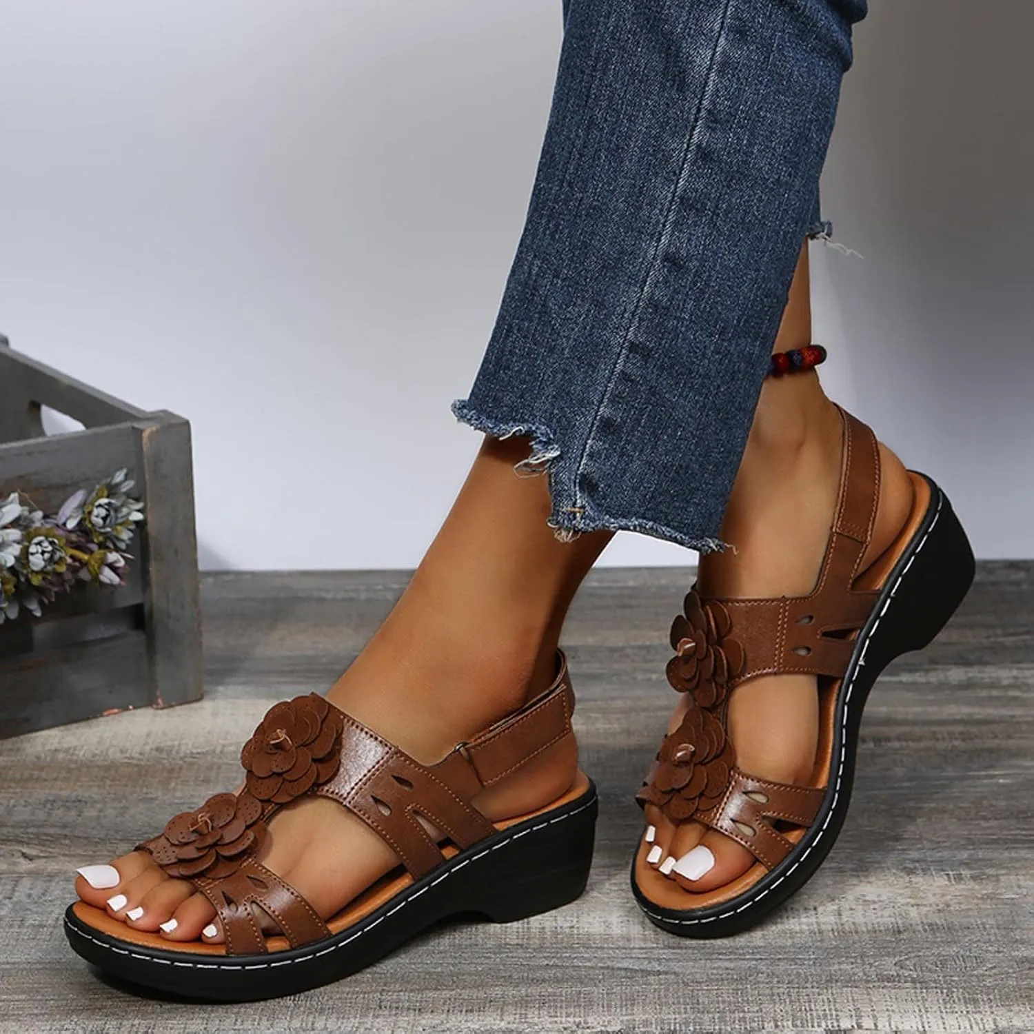 oiangi Summer Wedges for Women Casual Round Toe Fish Mouth Open Toe Flower Hollow Hook and Loop Platform Sandals Lightweight Comfy Outdoor Ladies Shoes