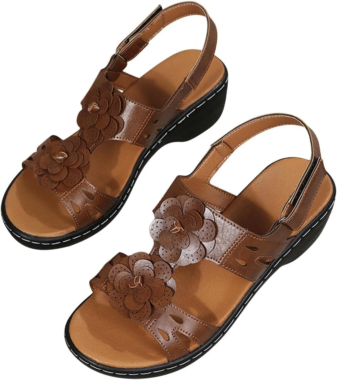oiangi Summer Wedges for Women Casual Round Toe Fish Mouth Open Toe Flower Hollow Hook and Loop Platform Sandals Lightweight Comfy Outdoor Ladies Shoes