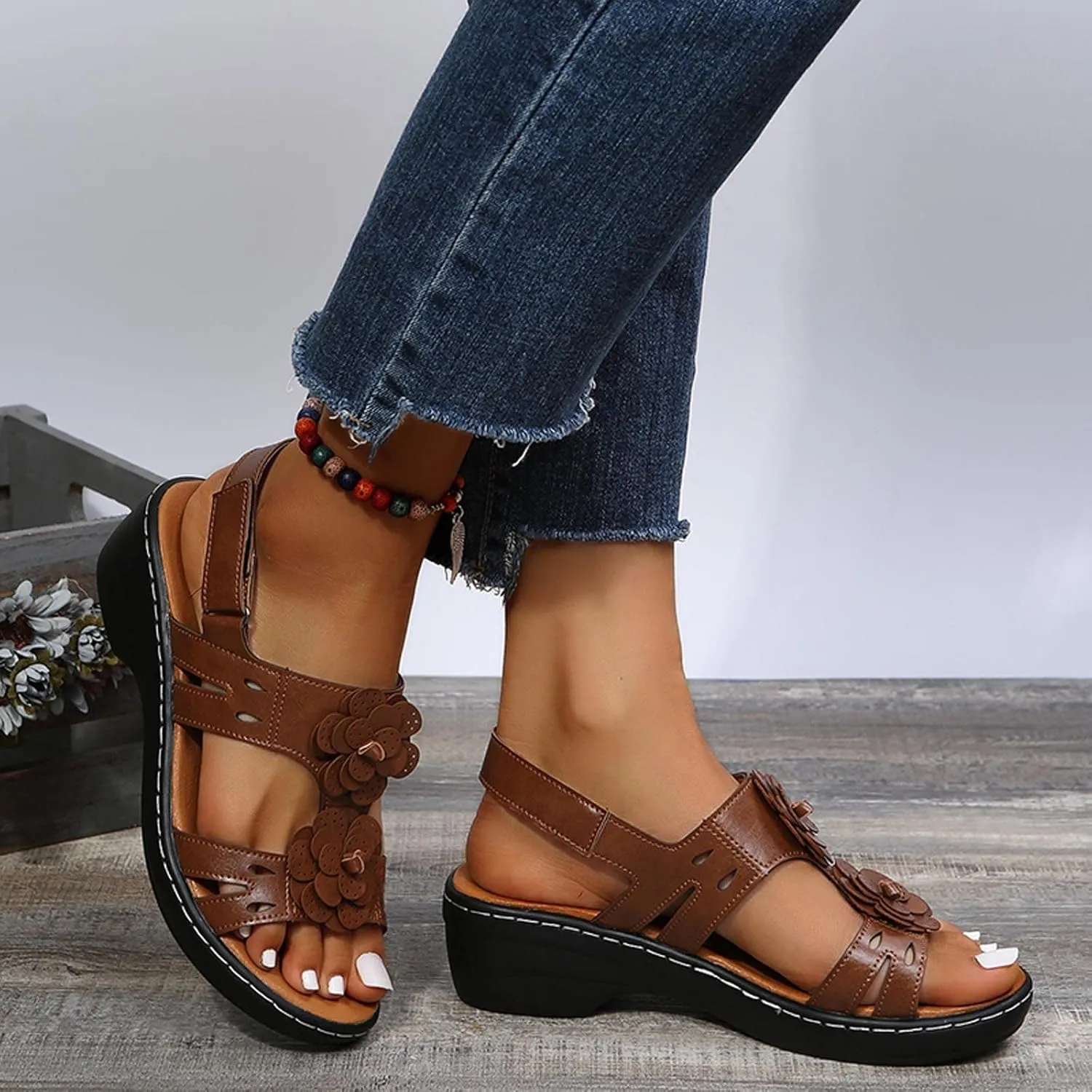 oiangi Summer Wedges for Women Casual Round Toe Fish Mouth Open Toe Flower Hollow Hook and Loop Platform Sandals Lightweight Comfy Outdoor Ladies Shoes