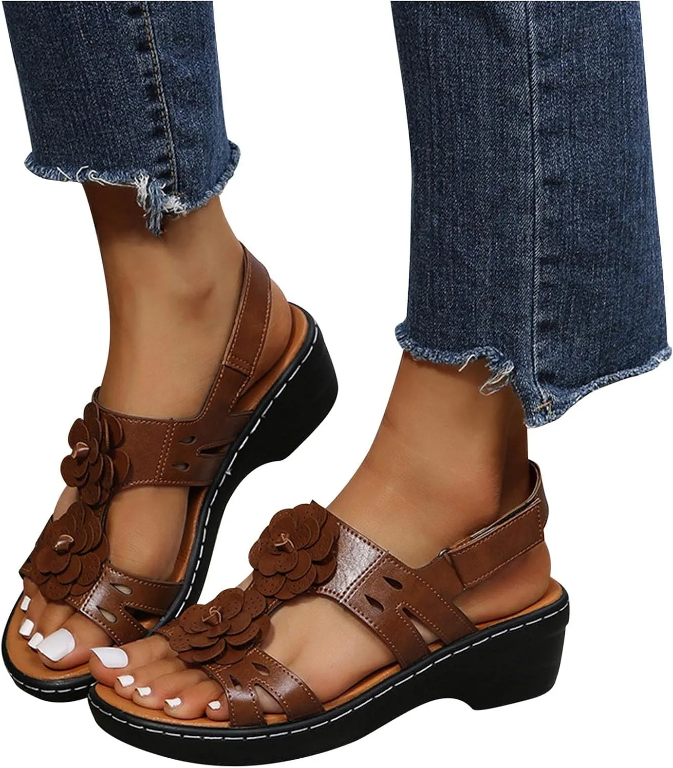 oiangi Summer Wedges for Women Casual Round Toe Fish Mouth Open Toe Flower Hollow Hook and Loop Platform Sandals Lightweight Comfy Outdoor Ladies Shoes