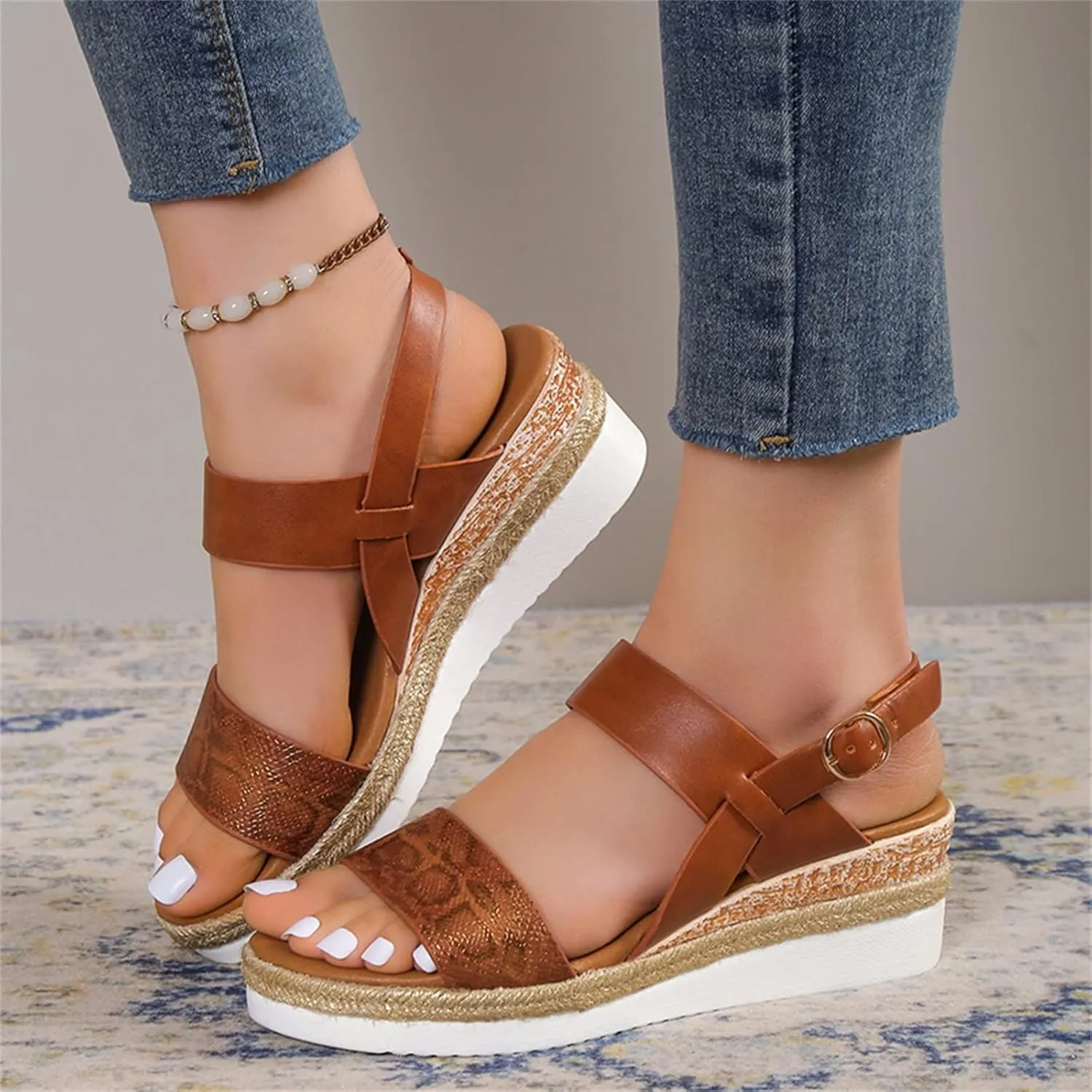 Orthopedic Sandals for Women,Women Walking Slippers with Arch Support Wedge Sandals Summer Dressy Open Toe Ankle Strap Platform Beach Casual Slip on Sandals Beach Dress Comfortable (Brown-2, 9)