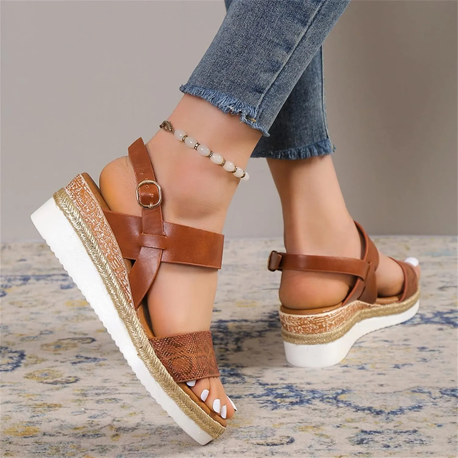 Orthopedic Sandals for Women,Women Walking Slippers with Arch Support Wedge Sandals Summer Dressy Open Toe Ankle Strap Platform Beach Casual Slip on Sandals Beach Dress Comfortable (Brown-2, 9)