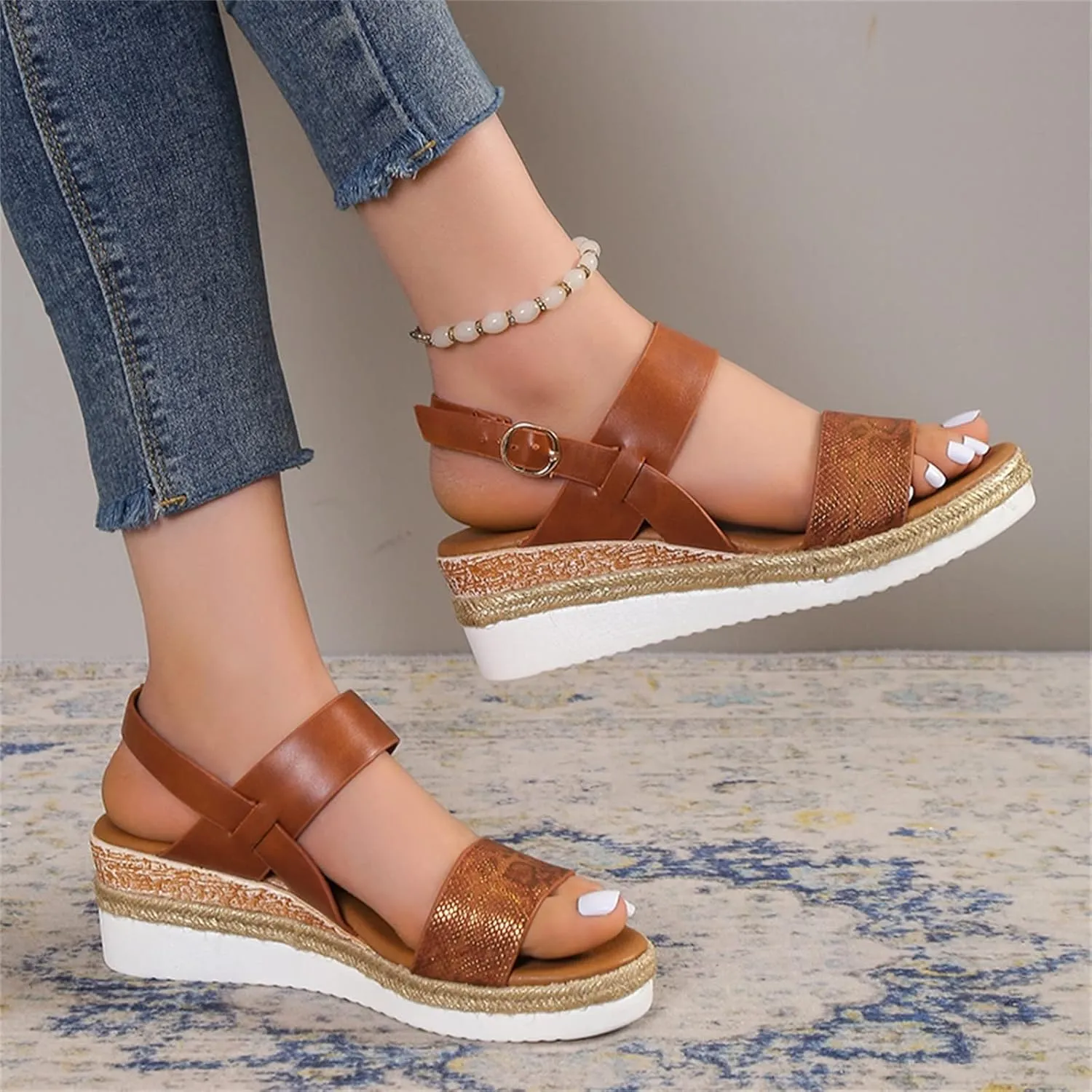 Orthopedic Sandals for Women,Women Walking Slippers with Arch Support Wedge Sandals Summer Dressy Open Toe Ankle Strap Platform Beach Casual Slip on Sandals Beach Dress Comfortable (Brown-2, 9)