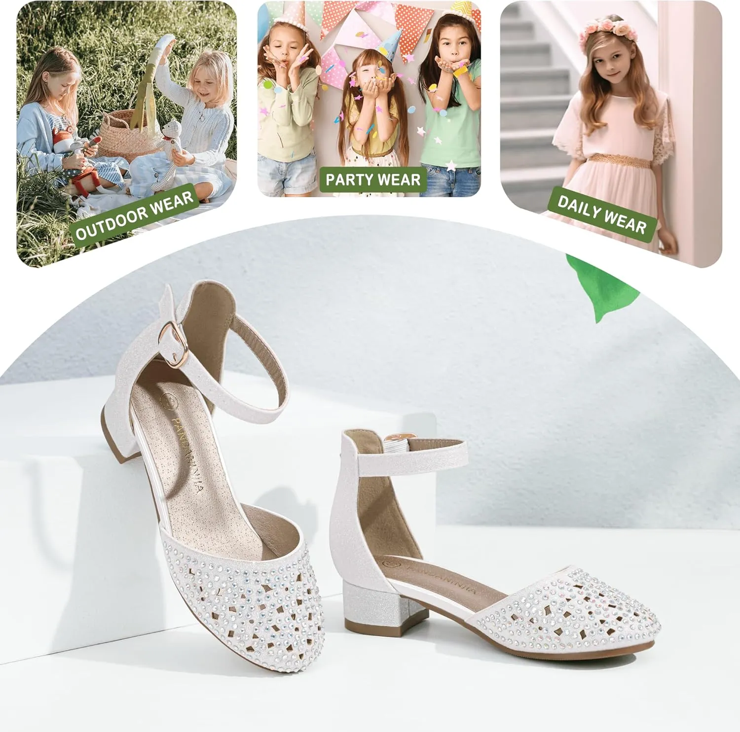 PANDANINJIA Girls Heels Dress Shoes Flower Girl Closed Toe Heels Ankle Strap Wedding Party School Miya Toddler Little Big Kid Pump Shoes