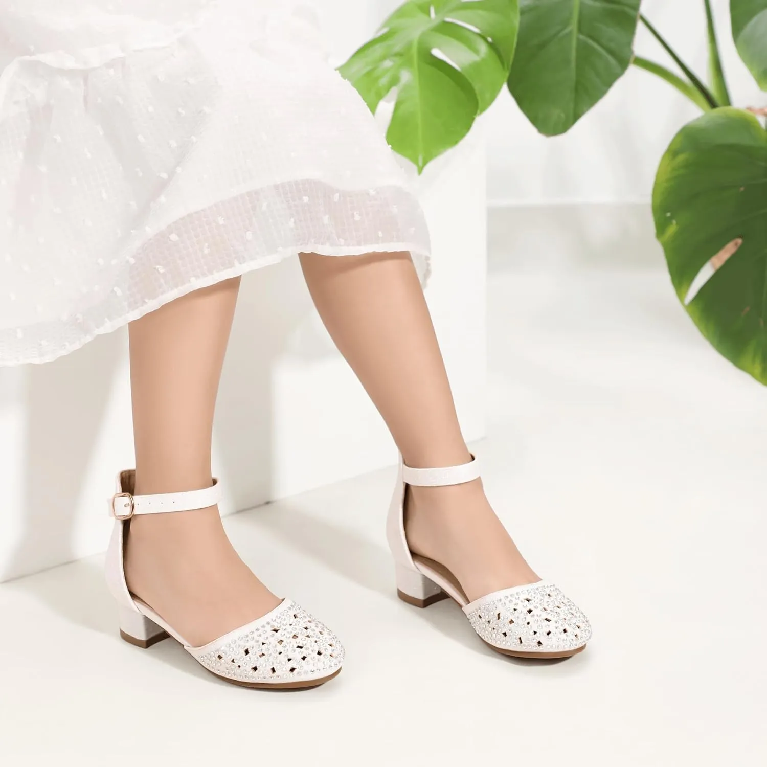 PANDANINJIA Girls Heels Dress Shoes Flower Girl Closed Toe Heels Ankle Strap Wedding Party School Miya Toddler Little Big Kid Pump Shoes