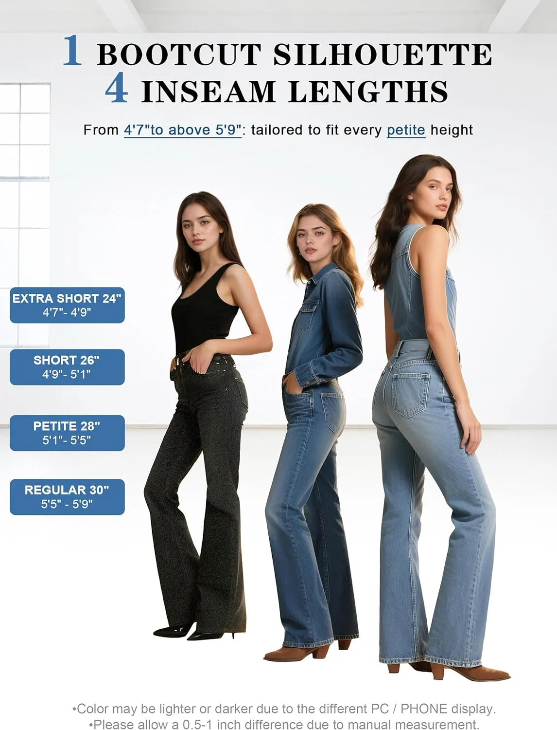 Petite Women's 24"/26"/28"/30" Stretch Flare Jeans High Waisted Curvy Bootcut Denim Pants
