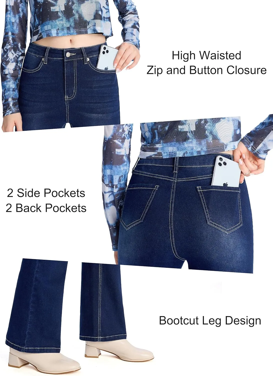 Petite Women's 24"/26"/28"/30" Stretch Flare Jeans High Waisted Curvy Bootcut Denim Pants