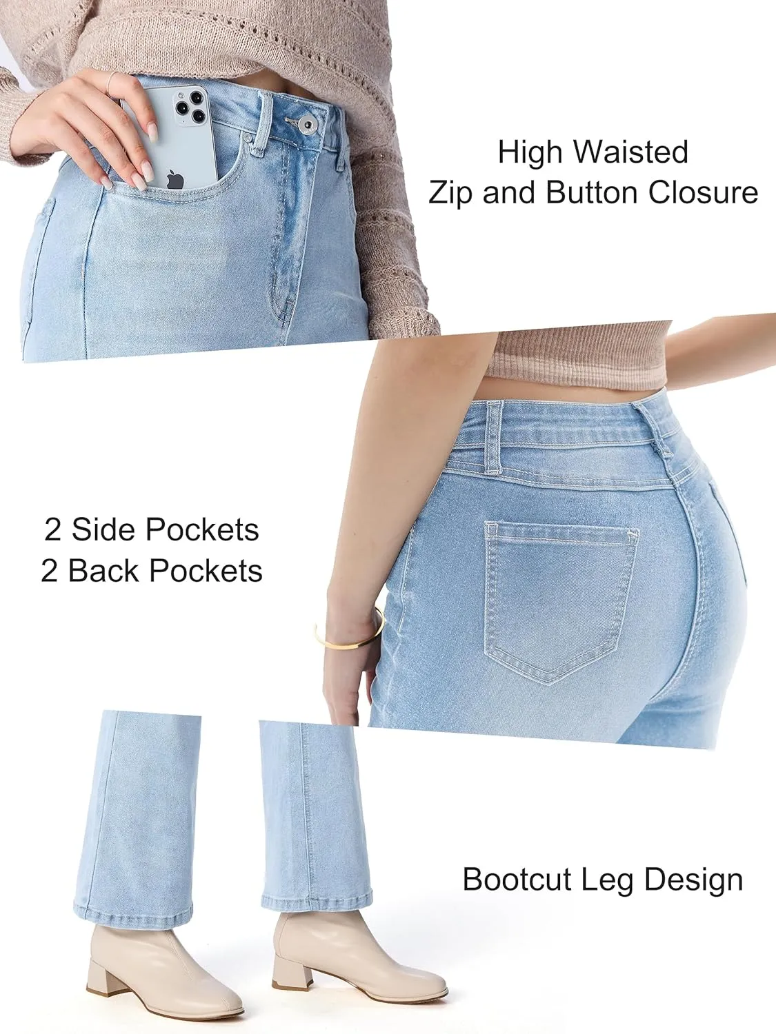 Petite Women's 24"/26"/28"/30" Stretch Flare Jeans High Waisted Curvy Bootcut Denim Pants