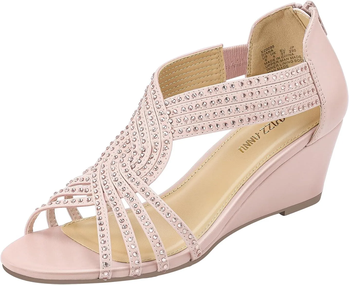 PIZZ ANNU Women's Diana Low Wedge Sandals Sparkly Rhinestone Open Toe Fashion Dress Shoes for Woman Lady in Bridal Dance Evening
