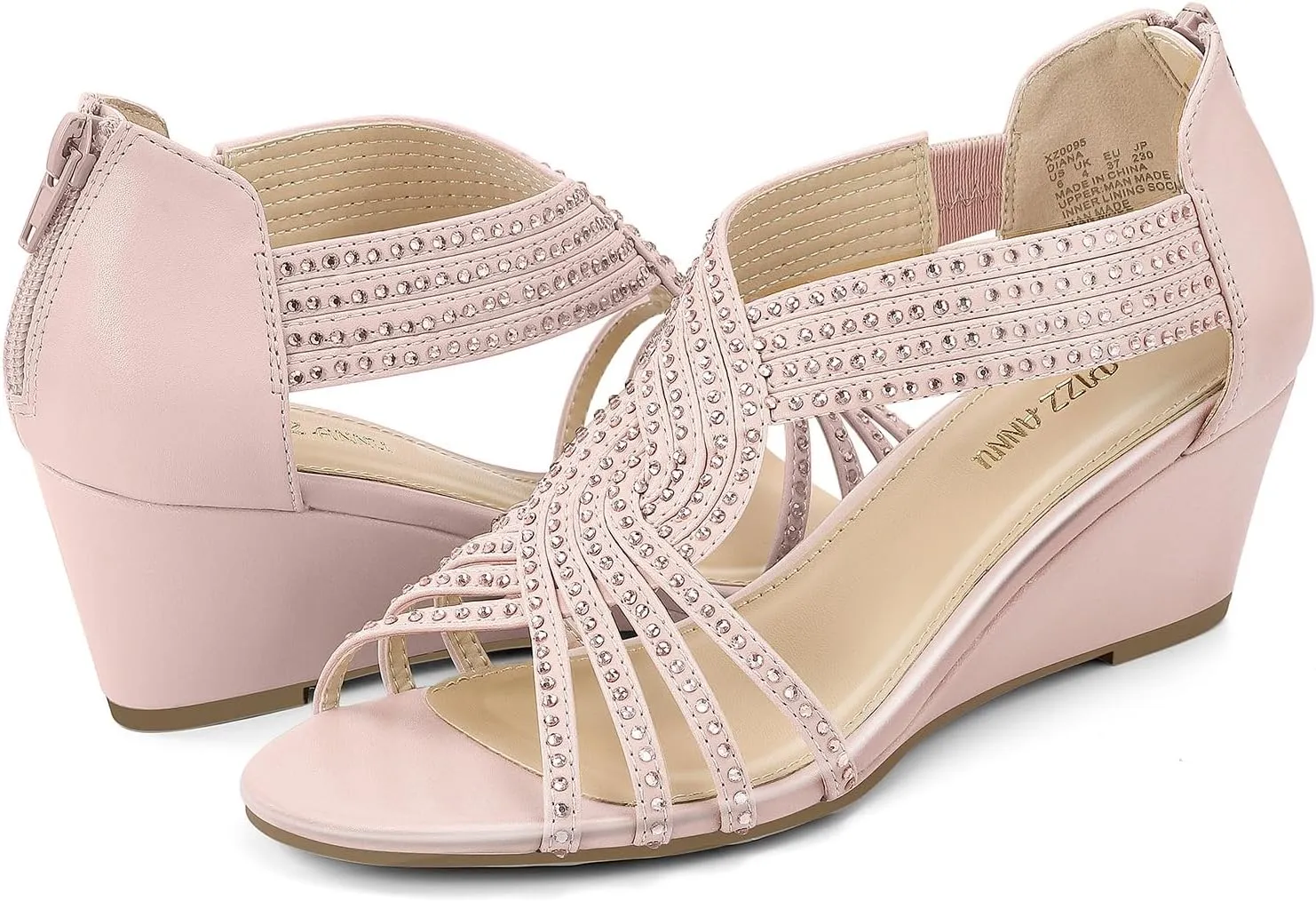 PIZZ ANNU Women's Diana Low Wedge Sandals Sparkly Rhinestone Open Toe Fashion Dress Shoes for Woman Lady in Bridal Dance Evening