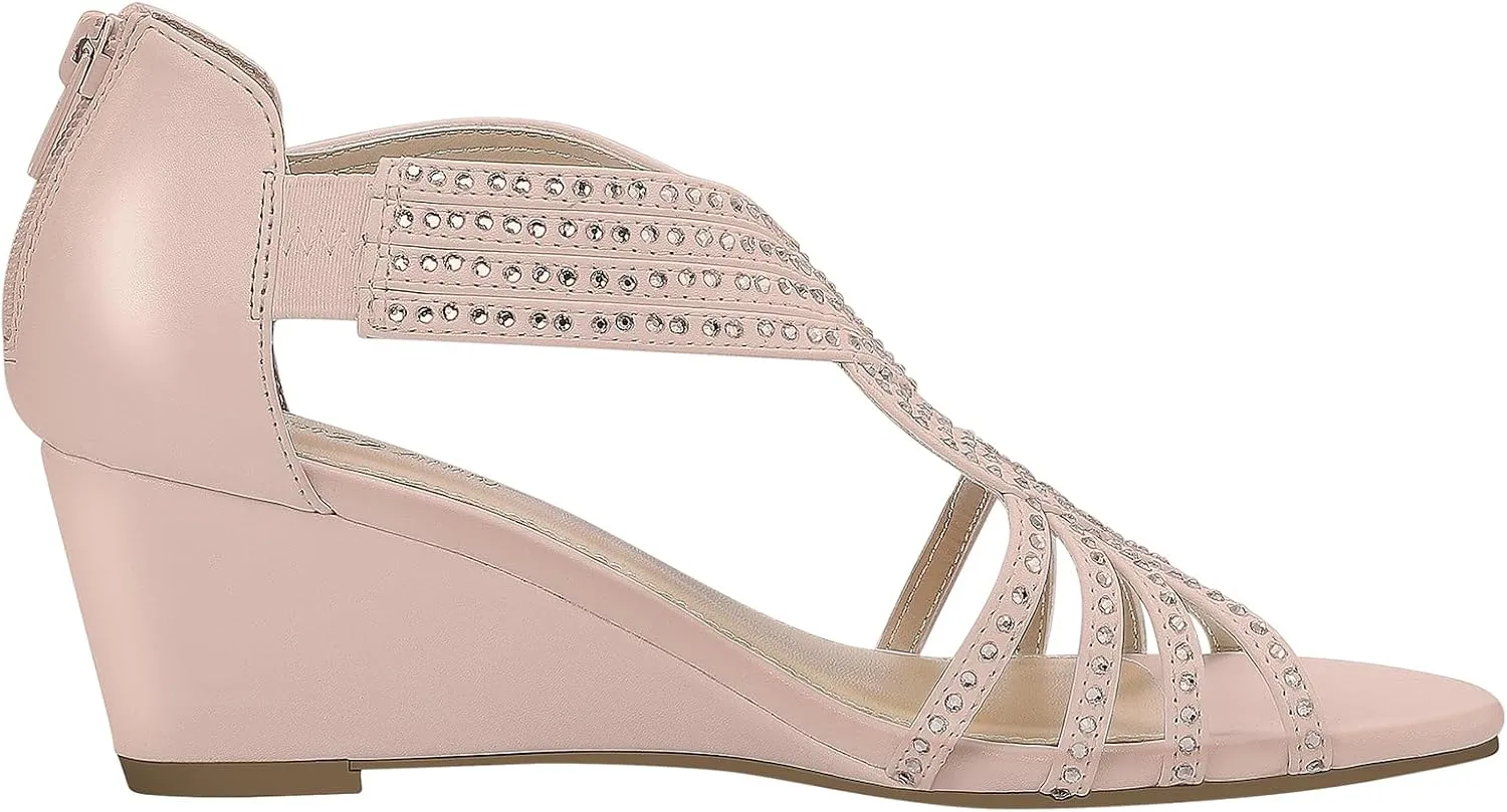 PIZZ ANNU Women's Diana Low Wedge Sandals Sparkly Rhinestone Open Toe Fashion Dress Shoes for Woman Lady in Bridal Dance Evening