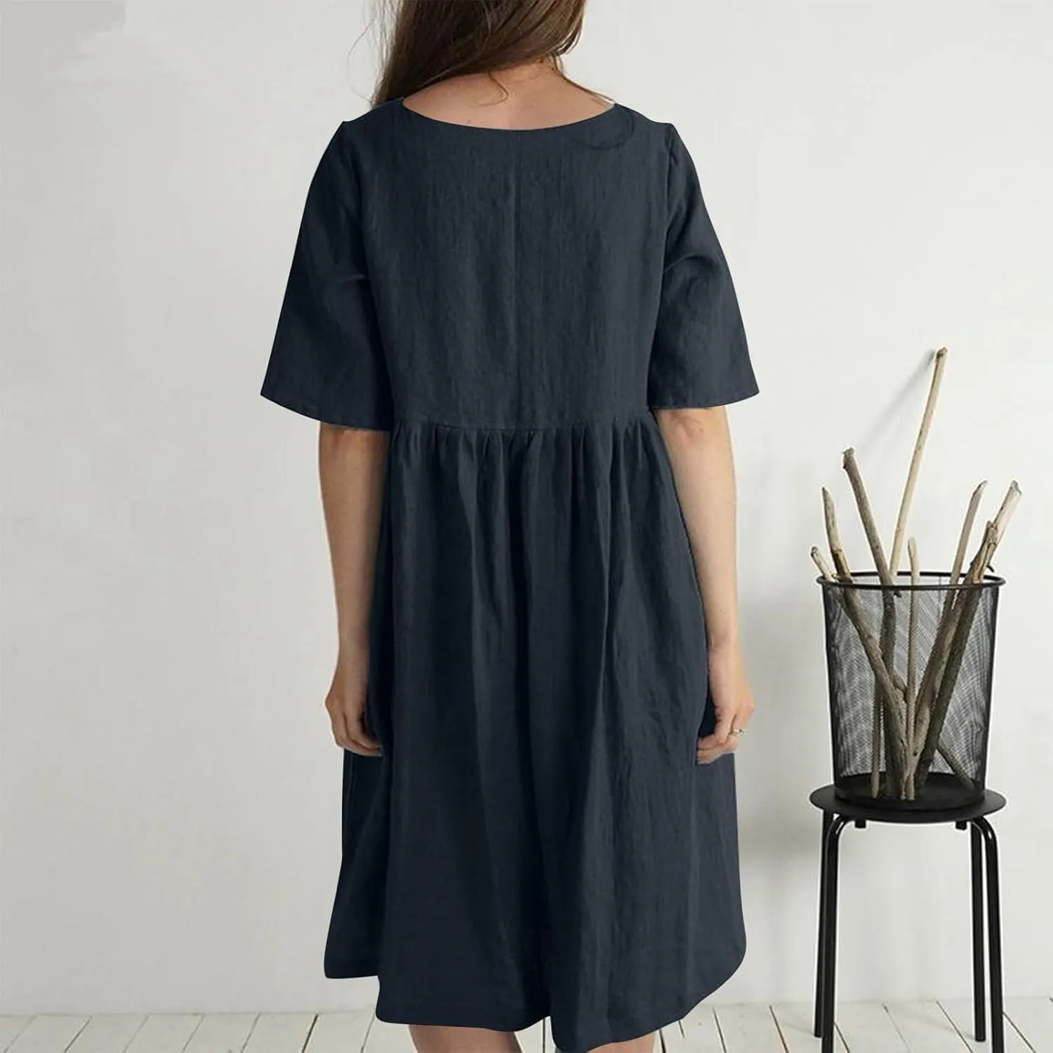 Plus Size Linen Cotton Dress for Women Button Shirt Dress Short Sleeve Round Neck Dressy Casual Loose Midi Dresses