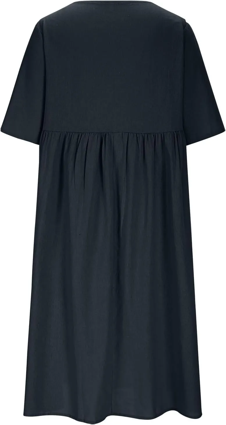 Plus Size Linen Cotton Dress for Women Button Shirt Dress Short Sleeve Round Neck Dressy Casual Loose Midi Dresses
