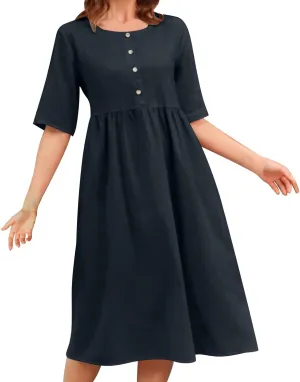 Plus Size Linen Cotton Dress for Women Button Shirt Dress Short Sleeve Round Neck Dressy Casual Loose Midi Dresses