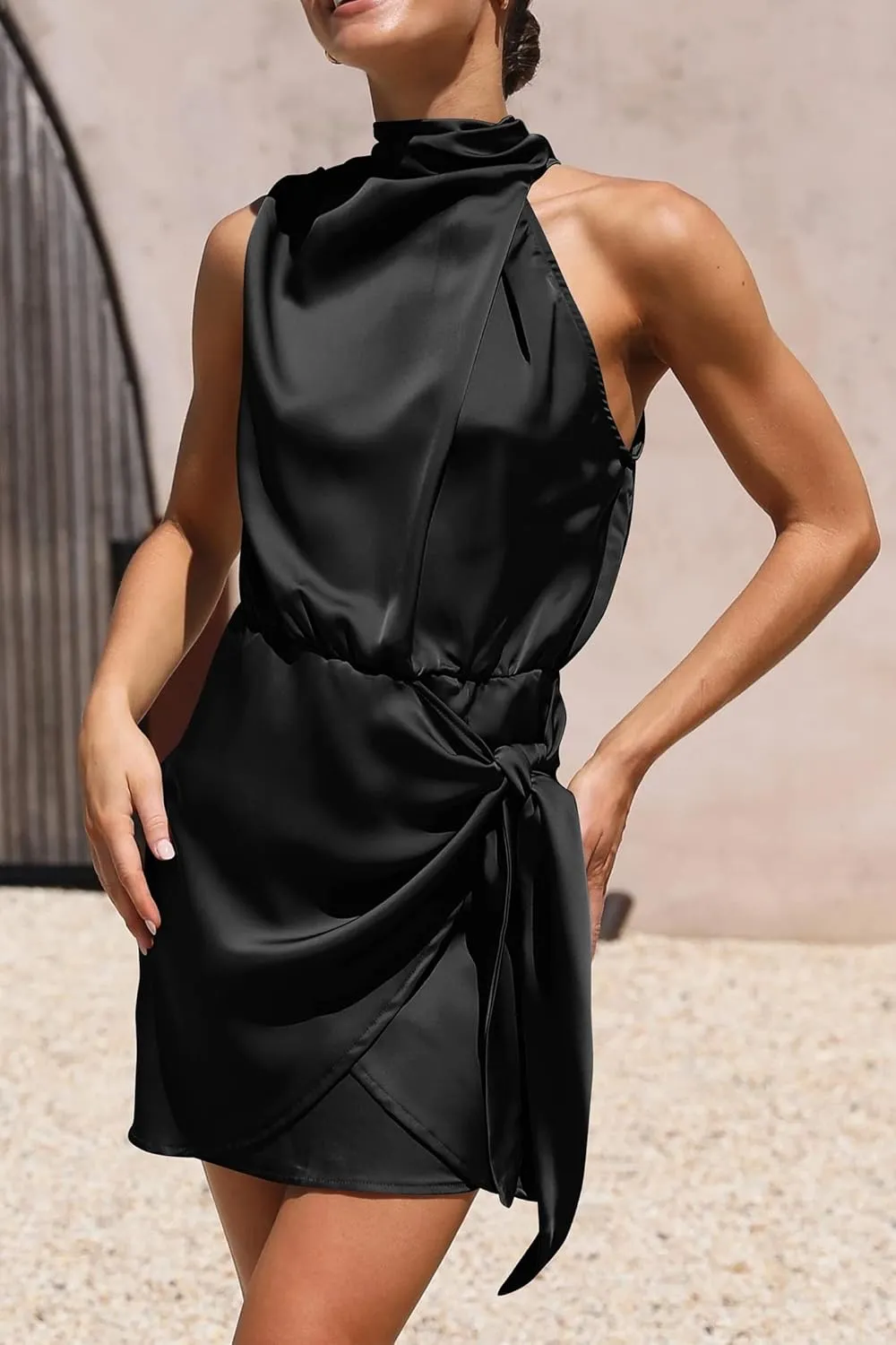 PRETTYGARDEN Women's Short Formal Satin Dress Summer Sleeveless Mock Neck Tie Waist Cocktail Party Dresses