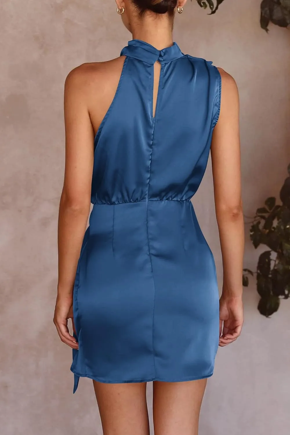PRETTYGARDEN Women's Short Formal Satin Dress Summer Sleeveless Mock Neck Tie Waist Cocktail Party Dresses