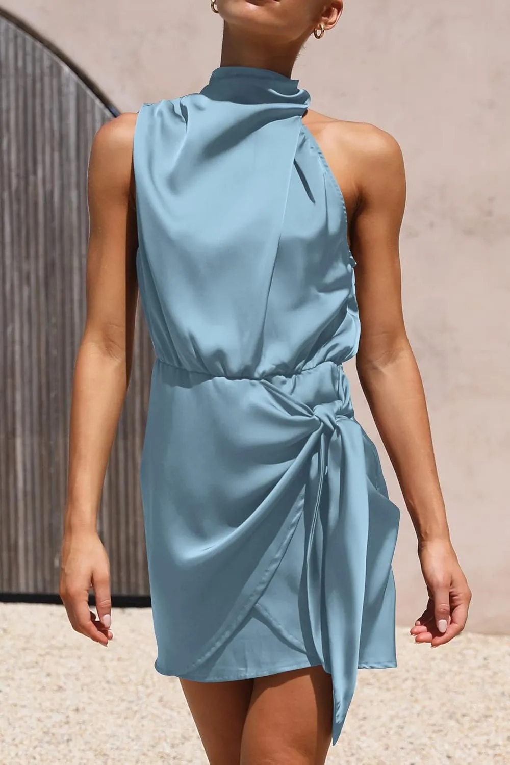 PRETTYGARDEN Women's Short Formal Satin Dress Summer Sleeveless Mock Neck Tie Waist Cocktail Party Dresses