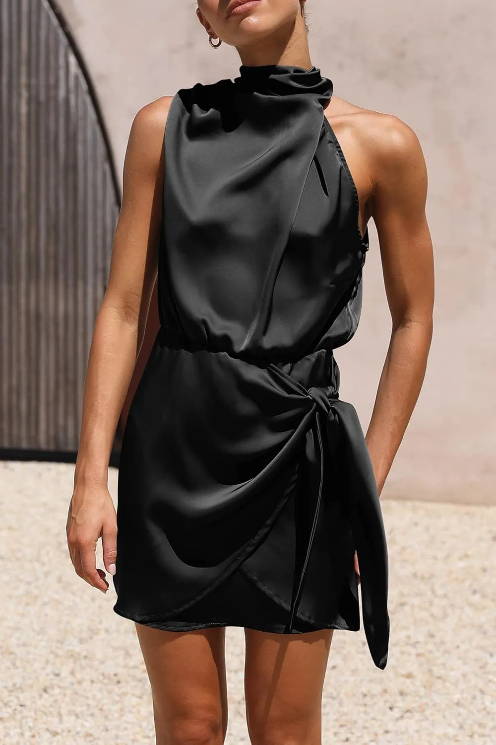PRETTYGARDEN Women's Short Formal Satin Dress Summer Sleeveless Mock Neck Tie Waist Cocktail Party Dresses